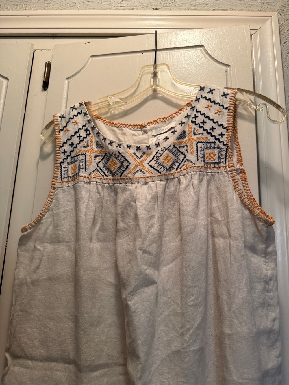 C&C California Cream Sleeveless Dress with Navy and Tan Embroidery